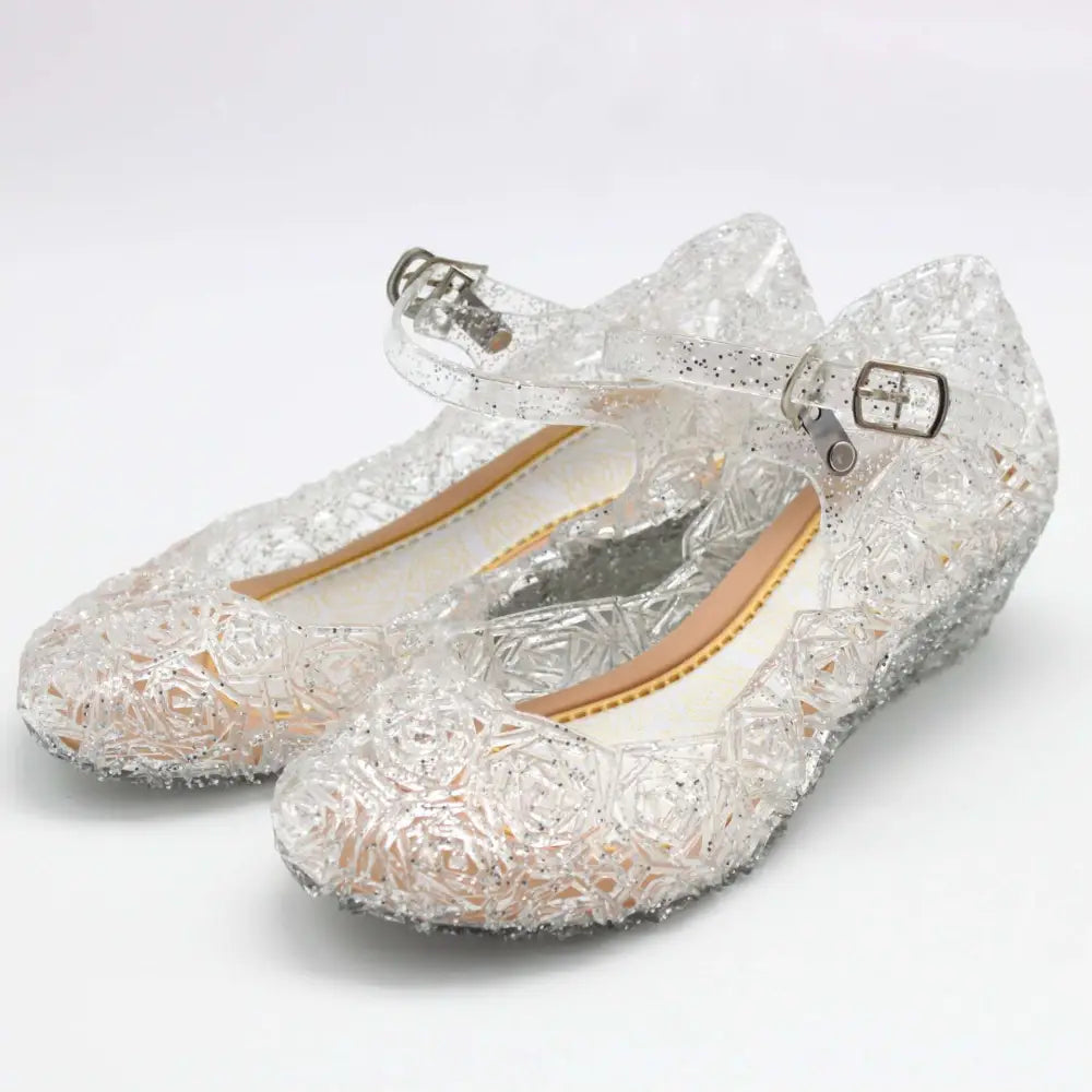 Pink rose girls crystal summer princess shoes with clear glittery jelly material and silver buckle floral straps