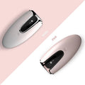 Pink rose gold home laser hair removal device with sleek oval shape glossy finish and black digital display panel