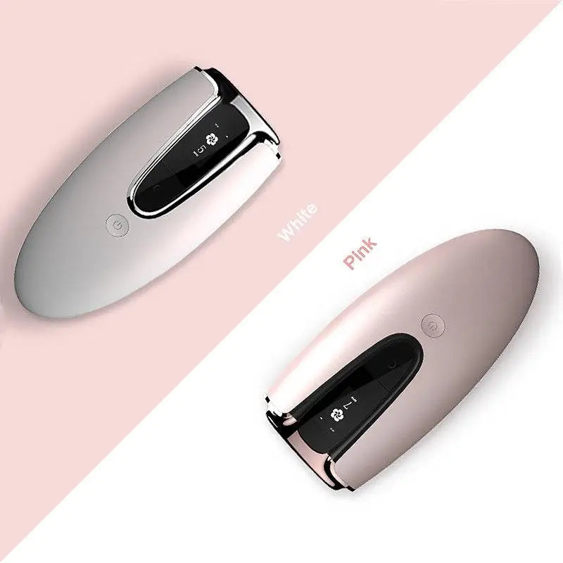 Pink rose gold home laser hair removal device with sleek oval shape glossy finish and black digital display panel