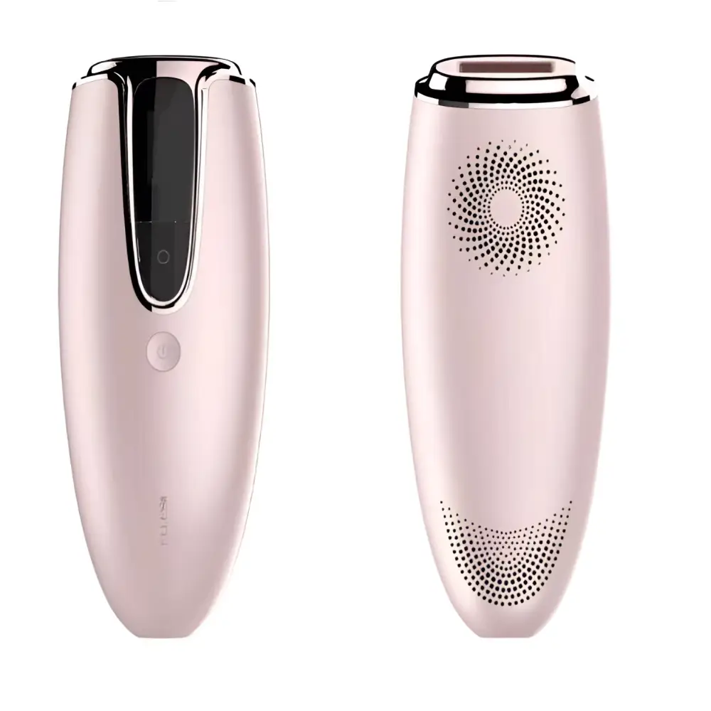Pink rose gold home laser hair removal device with sleek ergonomic design and black accent panels for laser hair removal