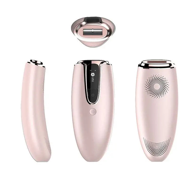 Pink rose gold handheld laser hair removal device with sleek ergonomic design and black control panel for home laser hair use