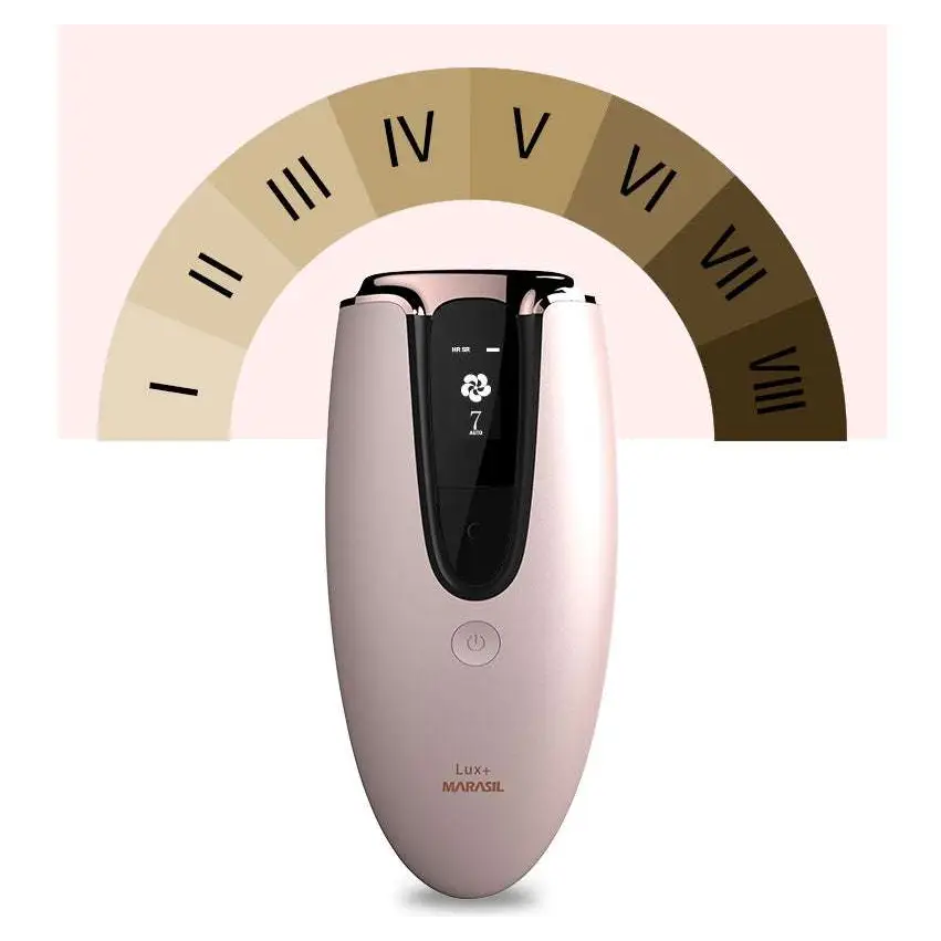 Pink rose gold home laser hair removal device with sleek oval body and black digital display for laser hair removal