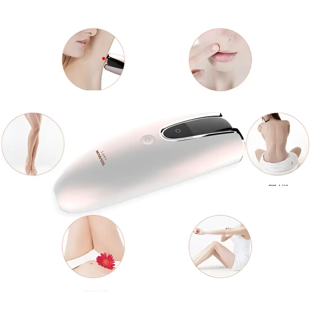 Pink rose gold home laser hair removal device with oval black control panel and sleek metallic finish for laser hair removal