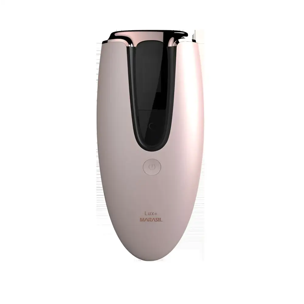 Pink rose gold home laser hair removal device featuring a rose gold and black marasil lux+ electric epilator with ergonomic design