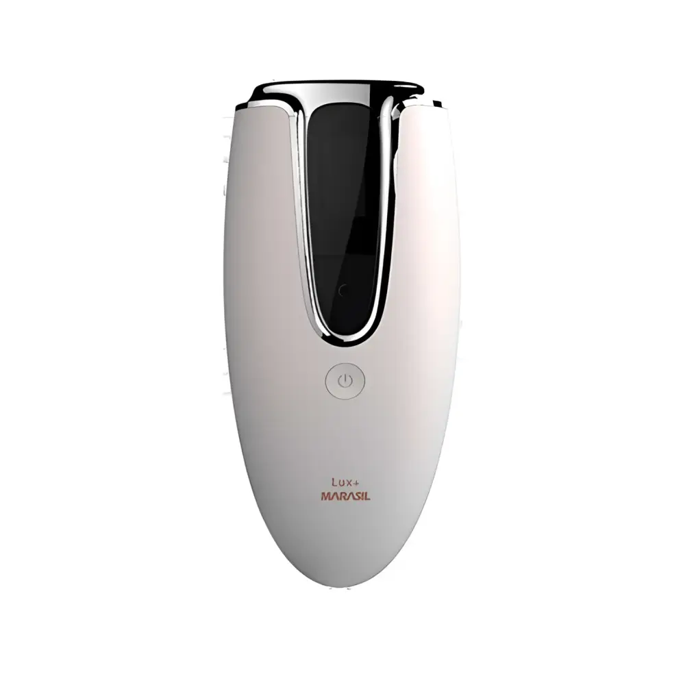 White and silver marasil lux plus home laser hair removal device with sleek oval design and black display screen