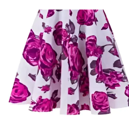 A flared white skirt with vibrant pink rose ruffled patterns in luxury women’s fashion plus size dresses