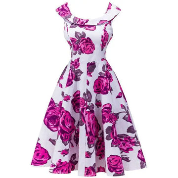 White sleeveless dress with a flared skirt and pink rose ruffled neckline, ideal for luxury women’s fashion plus size dresses