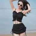 Black ruffled two-piece split swimsuit featuring adjustable side ties in a fashion personality bikini style