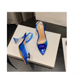 Pink satin bow high-heeled sandal featuring transparent blue material with glossy finish and decorative bow at the toe