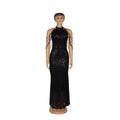 Black sequined halter-neck gown with sheer beaded arm straps showcasing african ladies high stretch dress