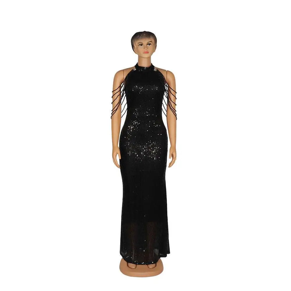 Black sequined halter-neck gown with sheer beaded arm straps showcasing african ladies high stretch dress