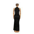 Black sequined halter neck gown with beaded straps showcasing african ladies high stretch dress elegance