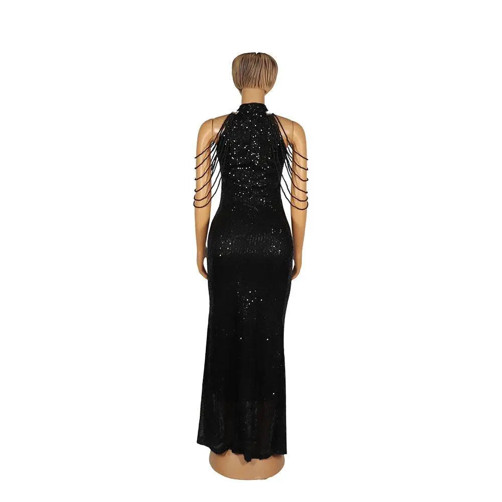 Black sequined halter neck gown with beaded straps showcasing african ladies high stretch dress elegance