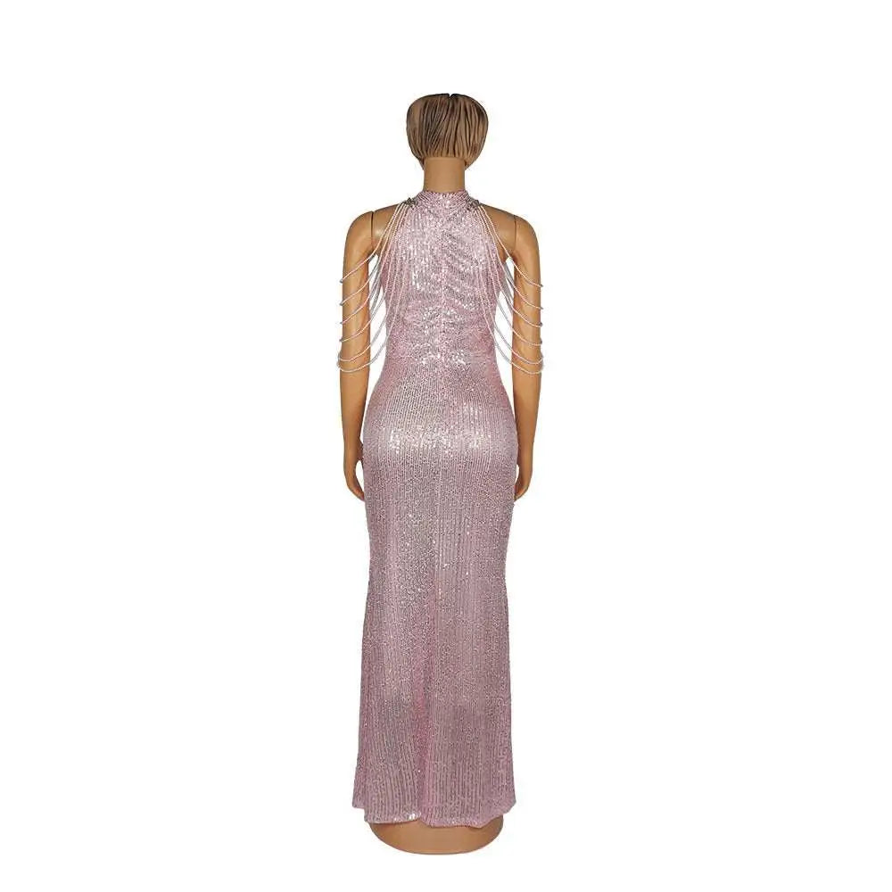 Pink shimmering pink sequined high stretch dress showcasing african ladies with high neckline and delicate chain straps