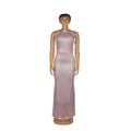 A shimmering pink sequined high stretch dress with high neckline and delicate straps showcasing african ladies quality