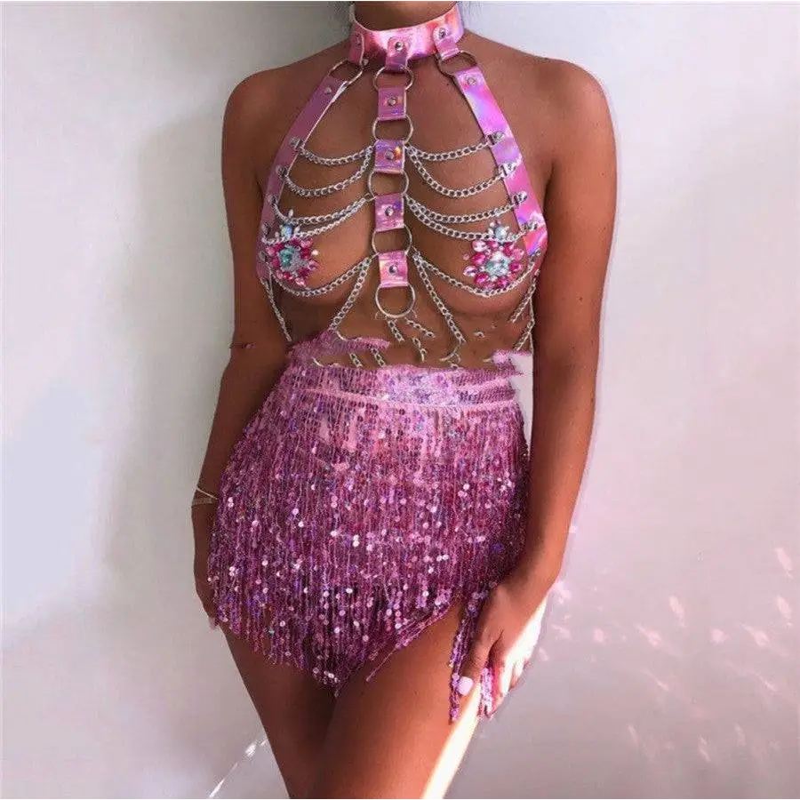 Pink sequined fringe night club dress with halter top and chain detailing for stage performance use