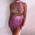 Pink sequined fringe night club dress featuring a holographic leather harness top with silver chains and rhinestones