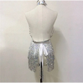 Shiny silver sequined halter top with fringe detailing and white ribbon tie for pink sequined fringe night club dress