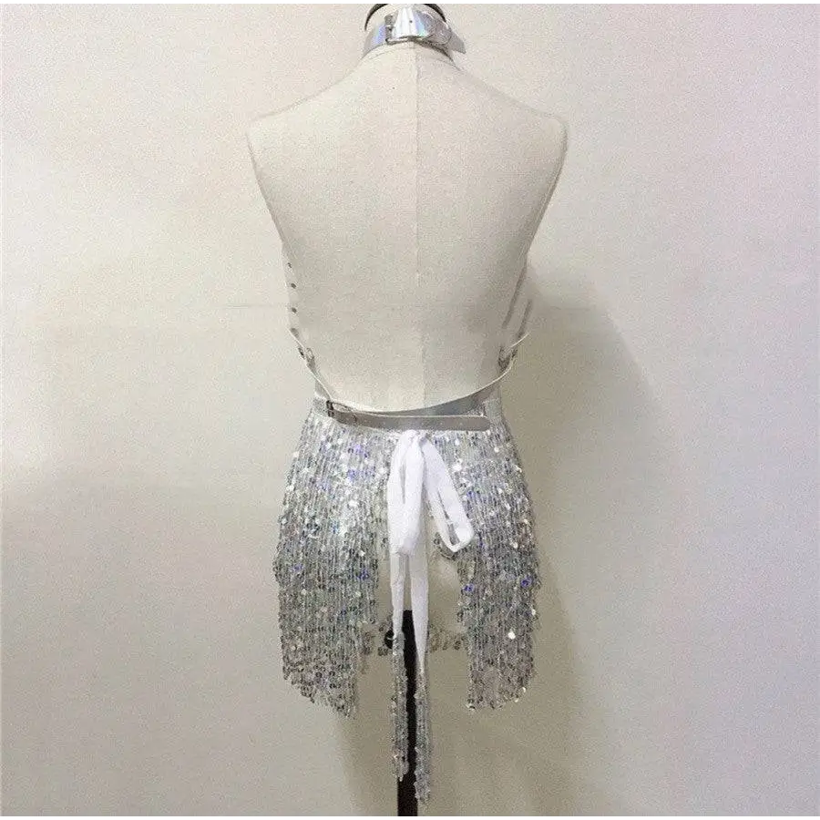 Shiny silver sequined halter top with fringe detailing and white ribbon tie for pink sequined fringe night club dress