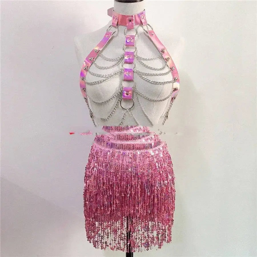 Pink holographic chainmail club stage dress with silver chains purple buckles and matching pink sequined fringe skirt