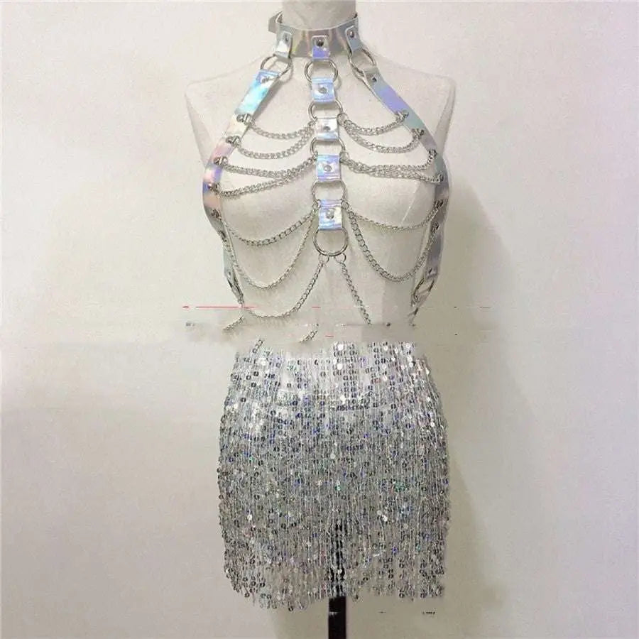 Shimmering silver chain and sequin body harness with matching skirt for pink sequined fringe night club stage dress