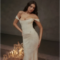 Ivory lace off-the-shoulder mermaid gown with ruched bodycon fit suitable for backless sexy evening events