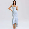 Light blue lace-embellished mermaid dress with square neckline and high-low hemline featuring ruched bodycon fit