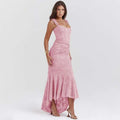 Pink lace mermaid dress with ruched bodycon fit and fitted bodice for a backless sexy evening look