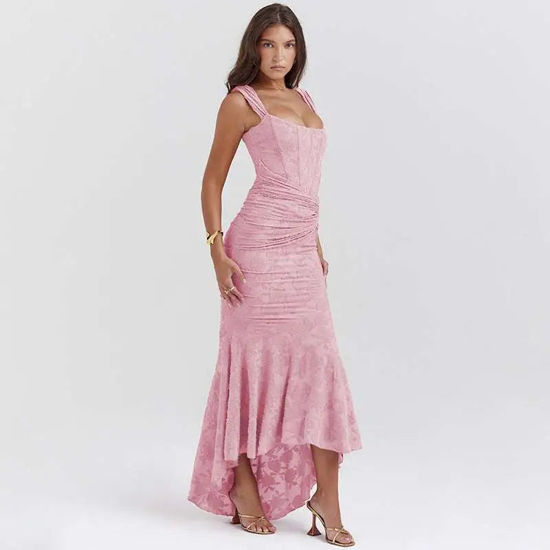 Pink lace mermaid dress with ruched bodycon fit and fitted bodice for a backless sexy evening look