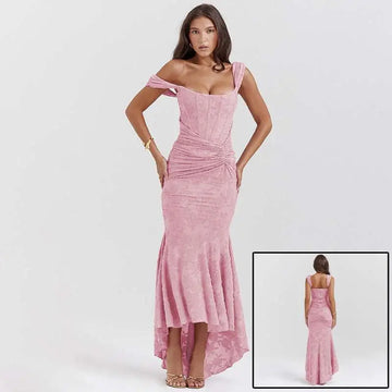 A pink ruched bodycon fit mermaid-style gown with off-the-shoulder straps and a high-low hemline for evening wear