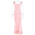 Pink sexy evening dress featuring a delicate pink lace mermaid design with ruched bodycon fit and square neckline