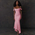Pink sexy evening dress featuring a pink lace mermaid gown with off-the-shoulder ruched bodycon fit detailing