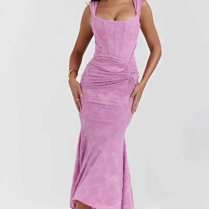Lavender form-fitting mermaid-style dress with square neckline and ruched bodycon fit perfect for backless sexy evening wear