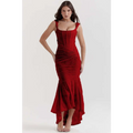 A striking red velvet mermaid gown with a square neckline and ruched bodycon fit for backless sexy evening wear