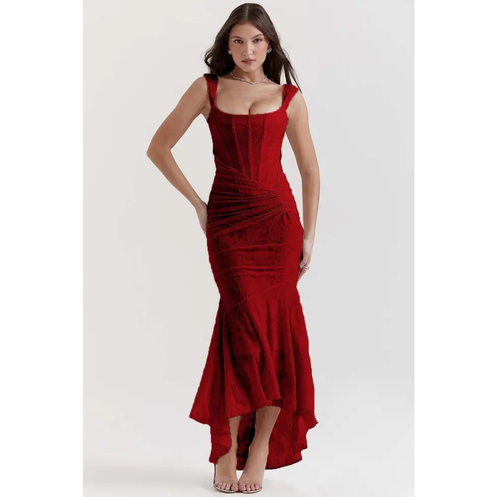 A striking red velvet mermaid gown with a square neckline and ruched bodycon fit for backless sexy evening wear