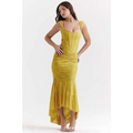 A vibrant yellow mermaid-style evening dress with ruched bodycon fit and textured bodice featuring a high-low hemline