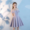 Lavender off-the-shoulder pink short sisters dress with shoulder ruffled sleeves and a flared skirt made from soft fabric