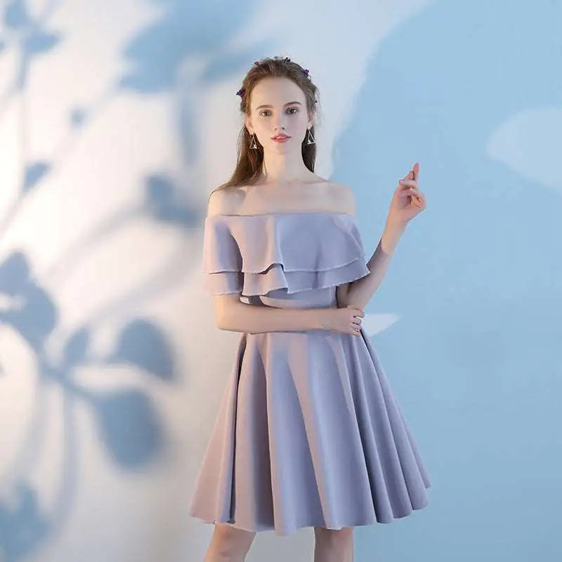 A lavender pink short sisters off shoulder ruffled dress with layered ruffles and a flared skirt made for events