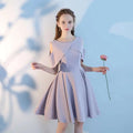 Lavender satin pink short sisters off shoulder shoulder ruffled dress with draped neckline and flared skirt made design