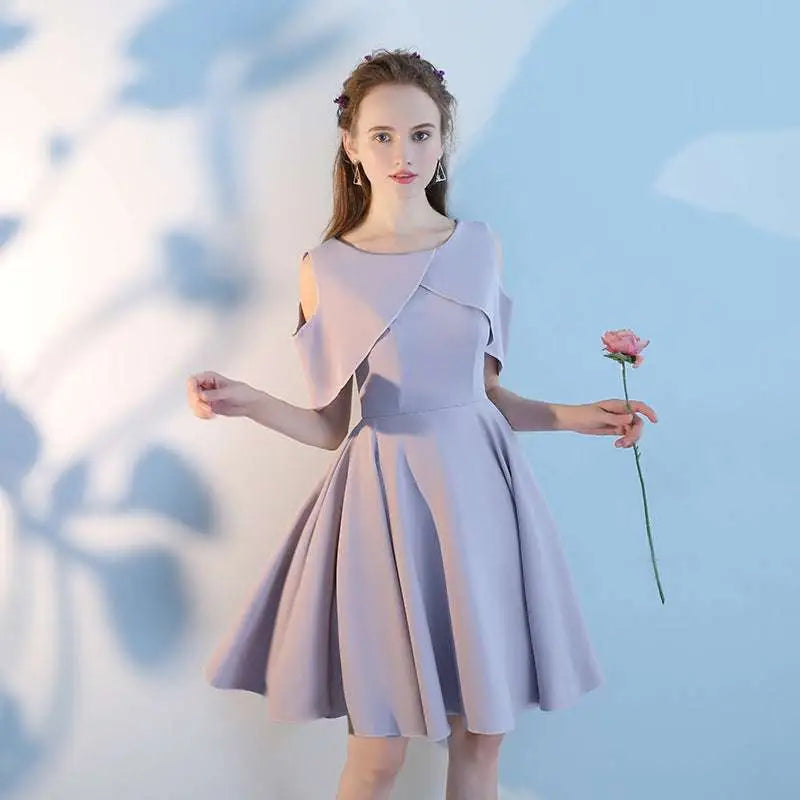 Lavender satin pink short sisters off shoulder shoulder ruffled dress with draped neckline and flared skirt made design