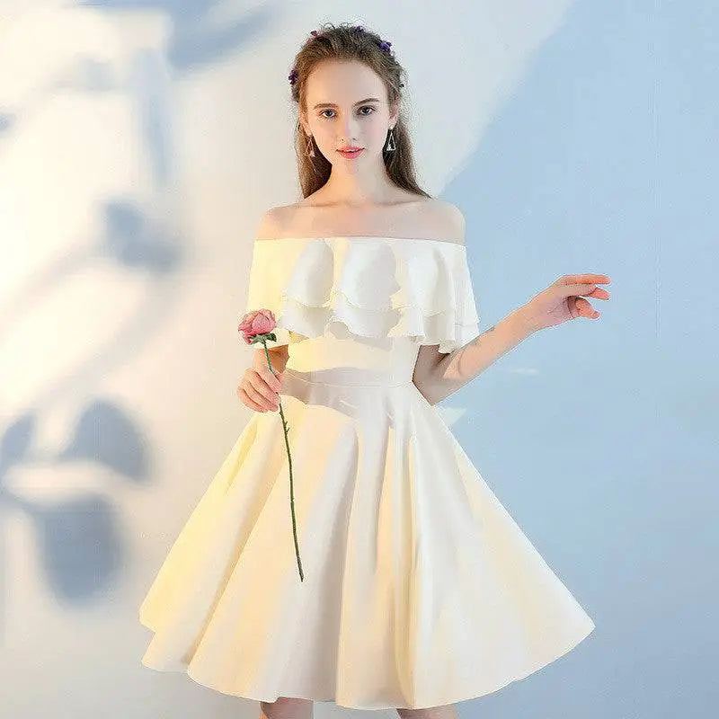 Ivory satin pink short sisters off shoulder shoulder ruffled dress with ruffled bodice and flared skirt made