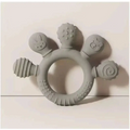 Gray silicone baby hand teether with textured animal shapes including bunny bear and snail for soothing gums