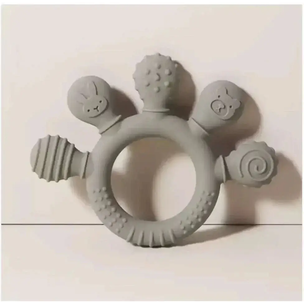Gray silicone baby hand teether with textured animal shapes including bunny bear and snail for soothing gums