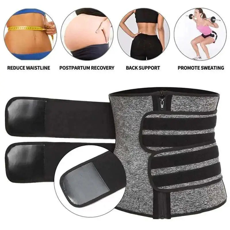 Gray and black striped pink slimming sheath waist trainer with adjustable straps and zipper closure for firm compression women’s waist trainer by royale essence lux