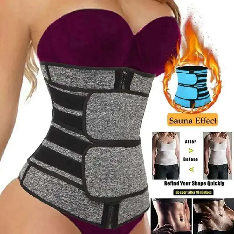 Gray and black striped royale essence lux women’s waist trainer with firm compression and adjustable sauna effect panels