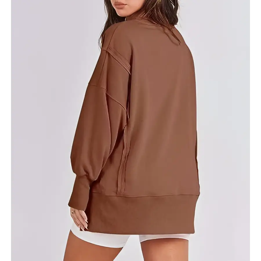 Brown oversized sweatshirt crew with relaxed fit ribbed cuffs and crew neck design in pink solid oversized style