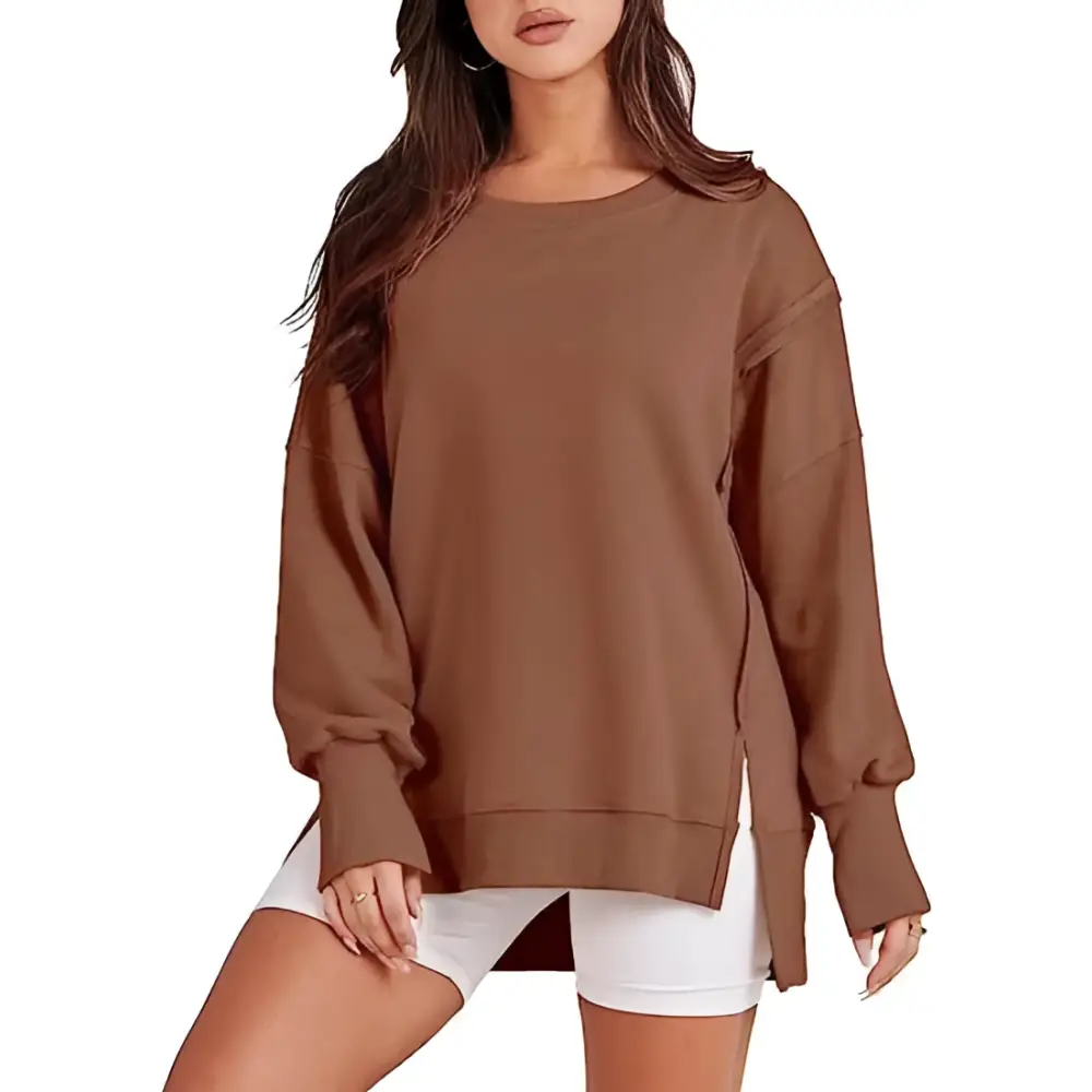 Brown oversized sweatshirt crew with relaxed fit, side slits, and crew neck design suitable for casual wear