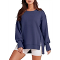 Navy blue oversized sweatshirt crew neck design with side slits and ribbed cuffs in a pink solid oversized style