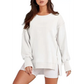 White oversized sweatshirt crew with relaxed fit side slits and crew neck design for casual wear