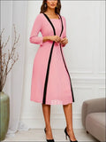 Pink striped pleated midi dress with black trim and square neckline three-quarter sleeves for luxury women’s fashion